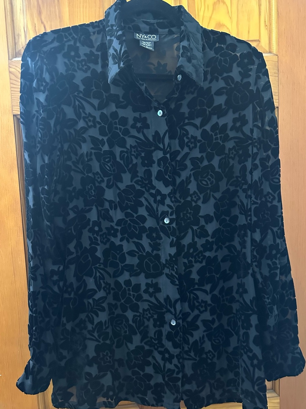 New York & Company Black Sheer Floral Burnout Button-Up